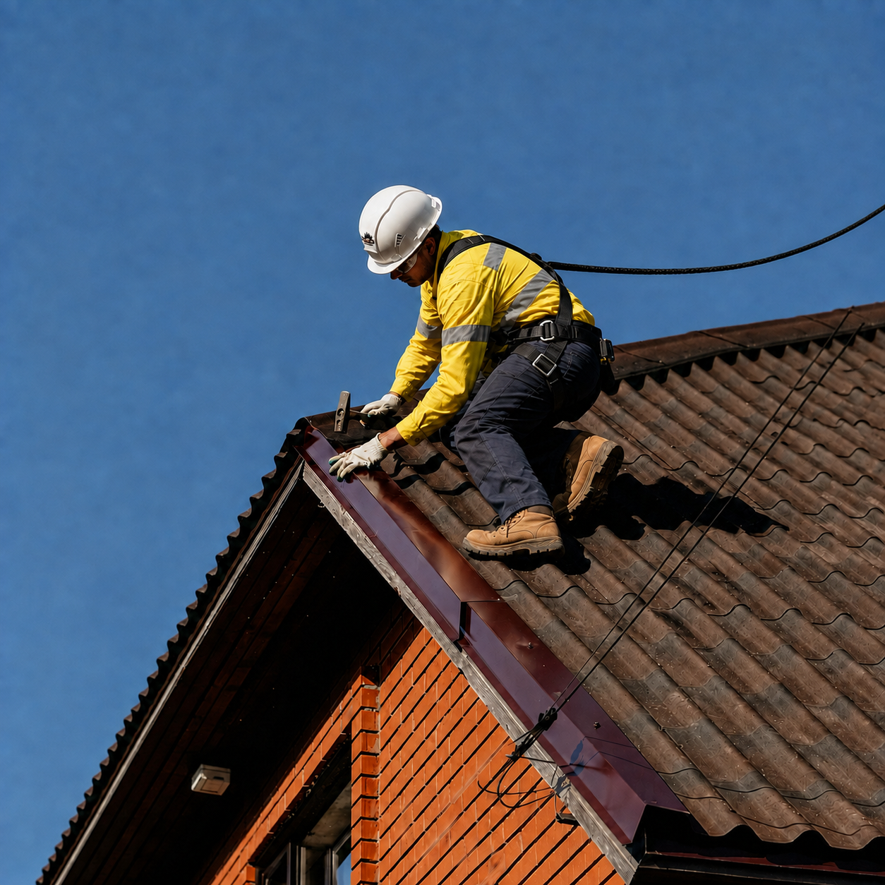 AJW Roofing engineer working on guttering and fascia boards, secured with a safety harness