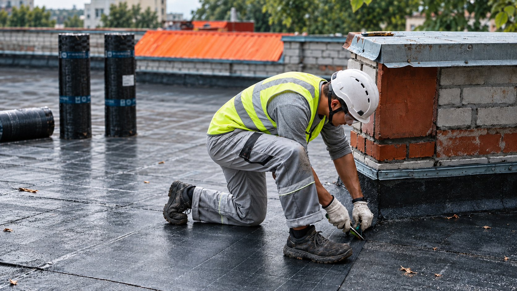 Roofer working on a flat roofing membrane for a Billingshurst property