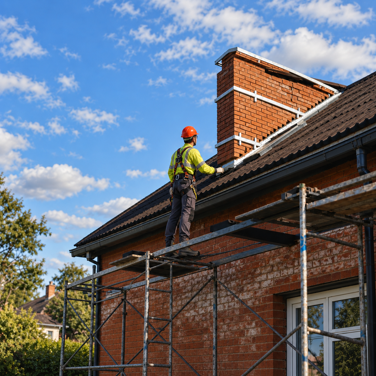 Roofing professional in PPE inspecting the brickwork and mortar joints of a chimney stack