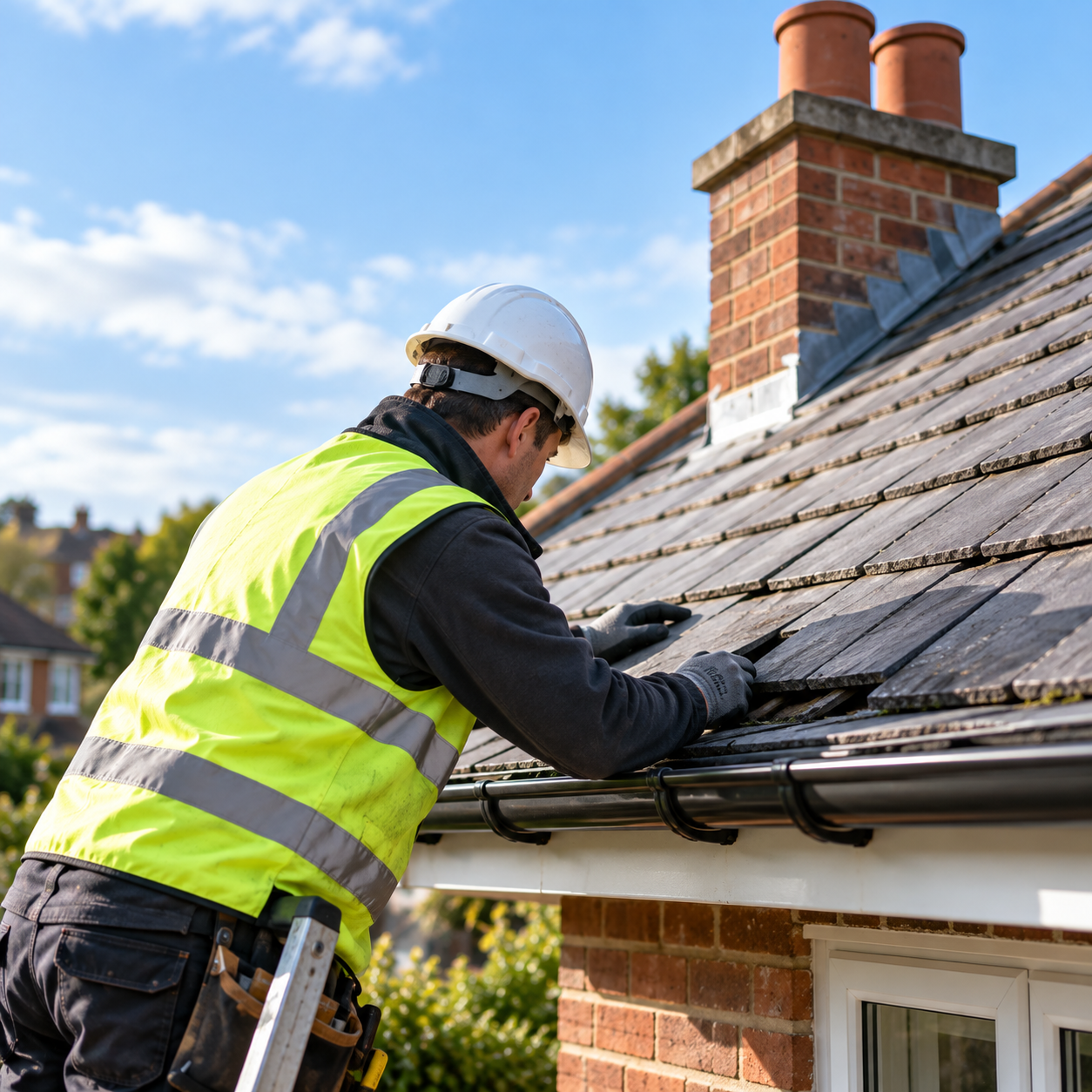 Roofer inspecting slate tiles to assess the extent of damage before quoting